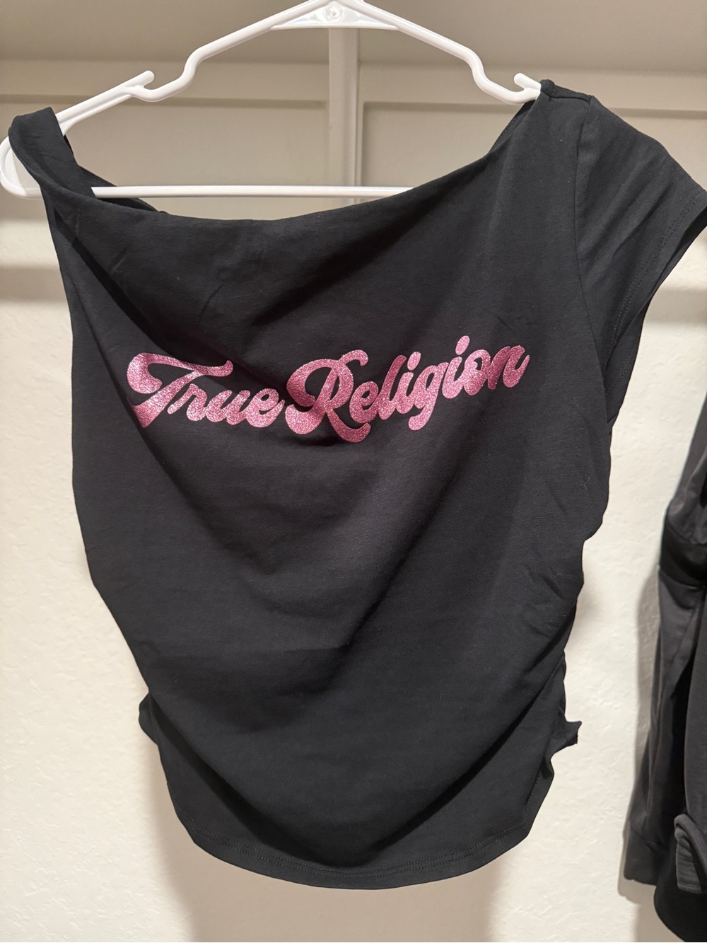 True Religion Black Tank with Pink Glitter Script